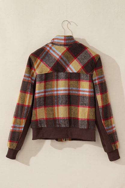 Stylish brown plaid jacket with chest pockets and stand neck design