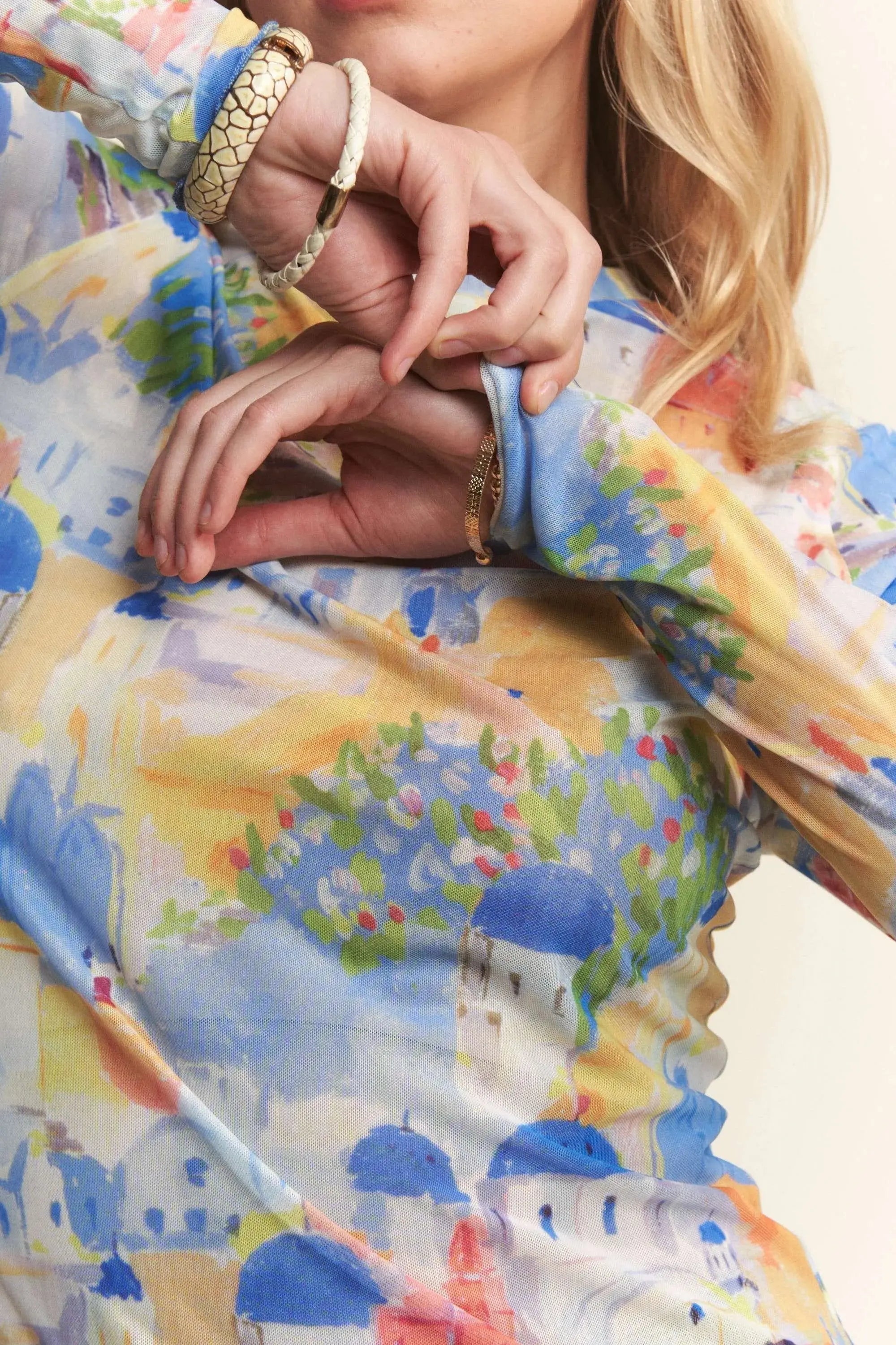 Davi & Dani Multi Printed Mesh Round Neck Long Sleeve Top - Love Salve 