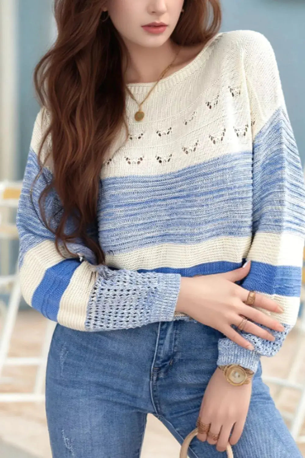 Openwork Striped Knit Long Sleeve Sweater Simply Love