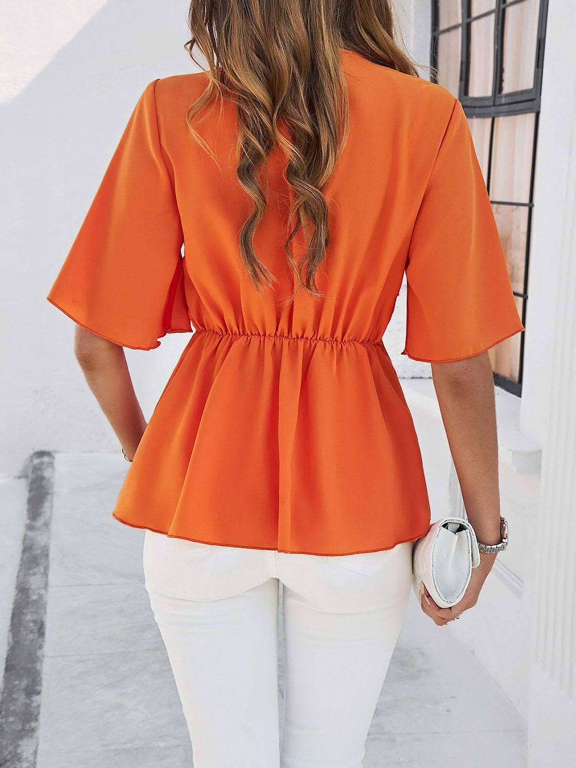 Surplice Tie Waist Half Sleeve Blouse.