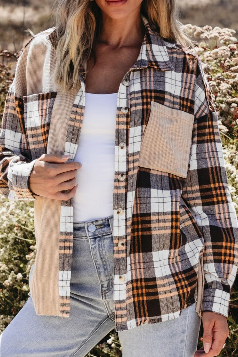 Checkered Long Sleeve Shacket with Pockets