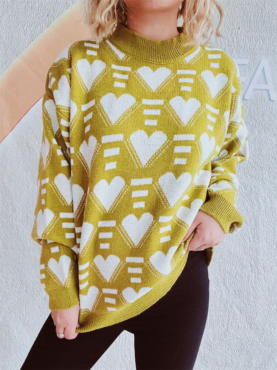 Heartfelt Contrast Long Sleeve Sweater with Dropped Shoulders