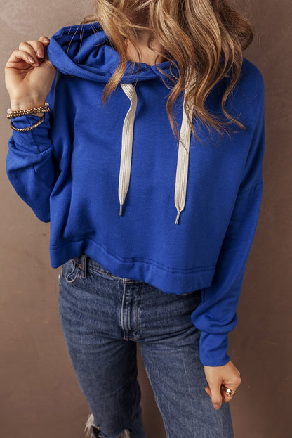 Chic dark blue cropped hoodie with drawstring hood and drop shoulder design