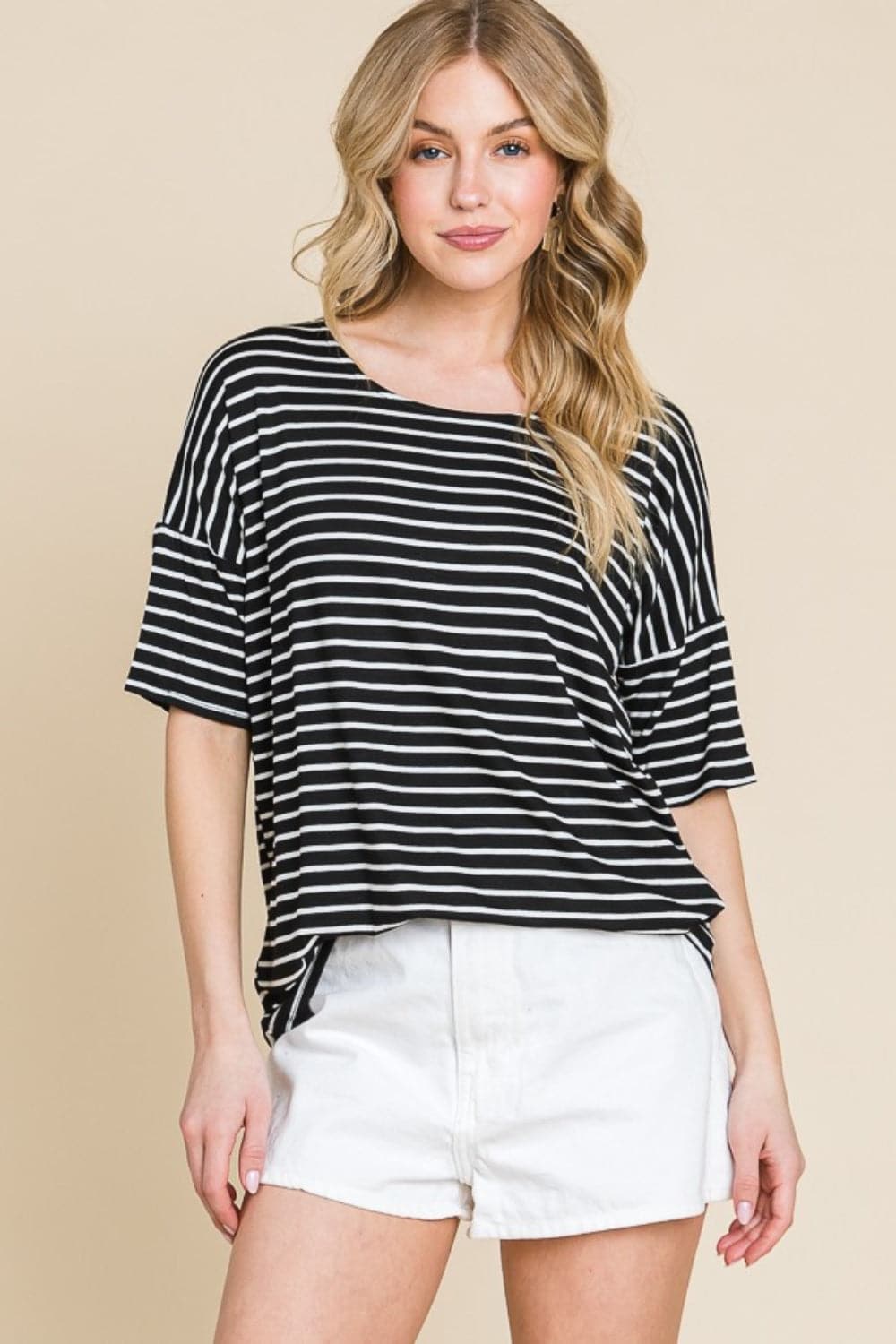 BOMBOM Striped Round Neck T-Shirt.