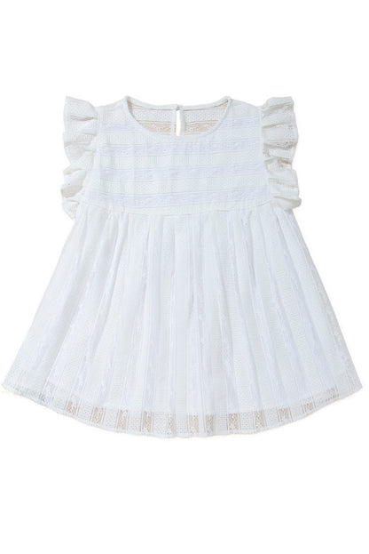 Lace-trimmed white flowy tank top with ruffled accents