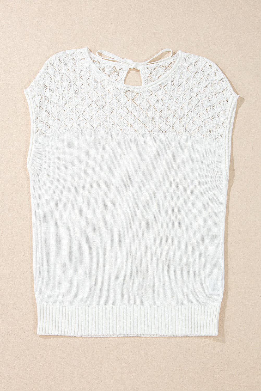 Elegant White Eyelet Knit Short Sleeve Sweater with Tied Back Detail