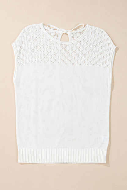 Elegant White Eyelet Knit Short Sleeve Sweater with Tied Back Detail