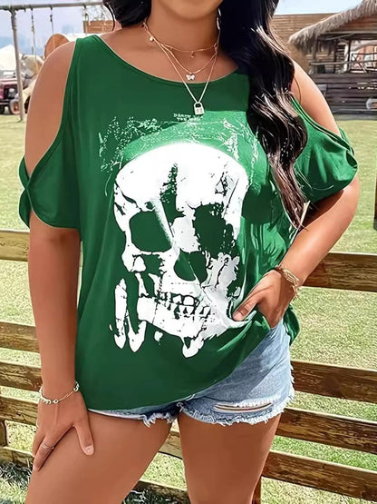 Stylish plus size skeleton cold shoulder tee for casual flair