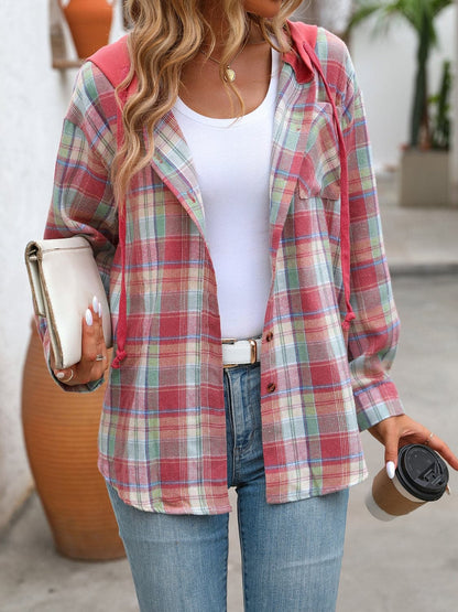 Plaid Long Sleeve Hooded Jacket.