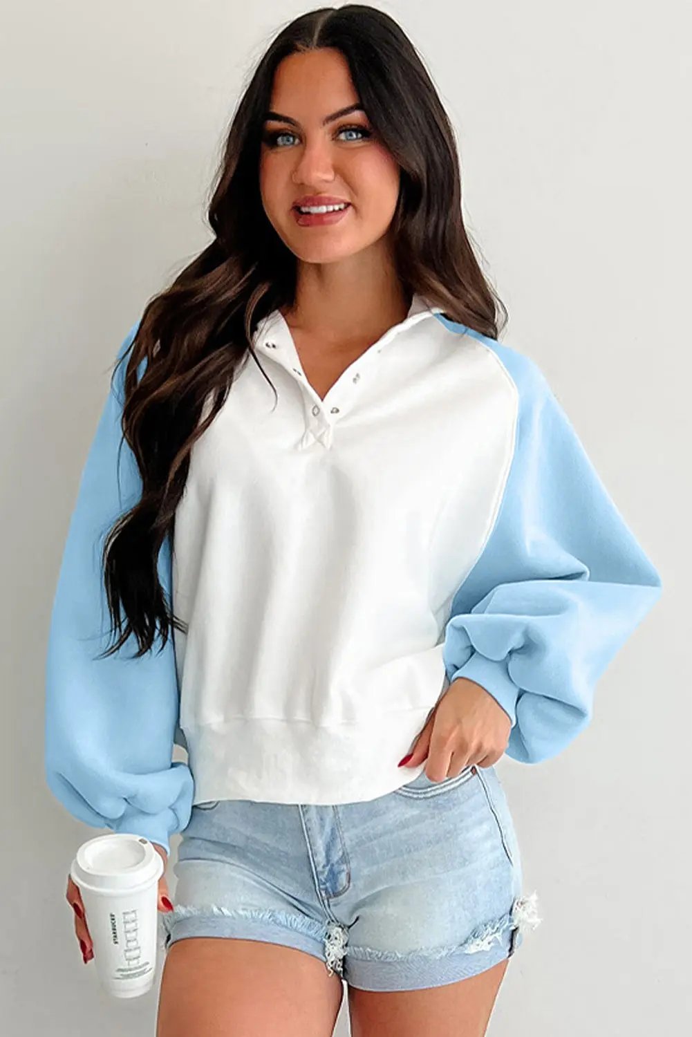 Blue Casual Beau Blue Colorblock Snap Buttons Pullover Sweatshirt - View 6 by Dear-Lover Dropshipping