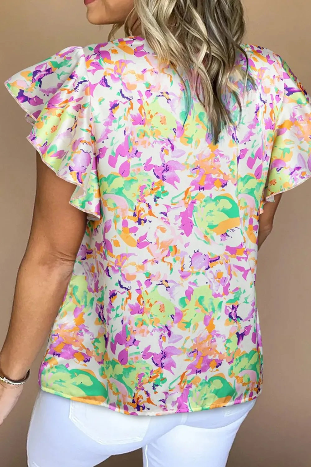 Abstract Printed Ruffled Short Sleeve Notched Neck Blouse - Product side view by Simply Love