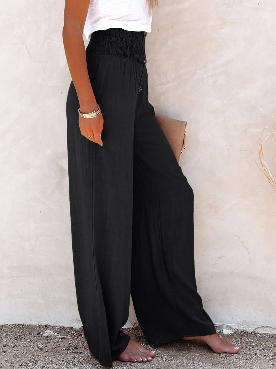 High-Waisted Decorative Button Trousers