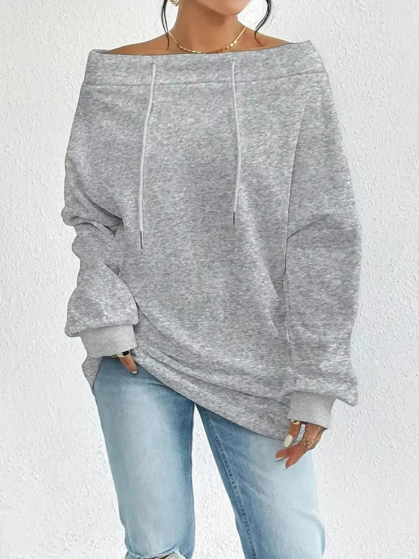 Off-Shoulder Drawstring Sweatshirt Simply Love
