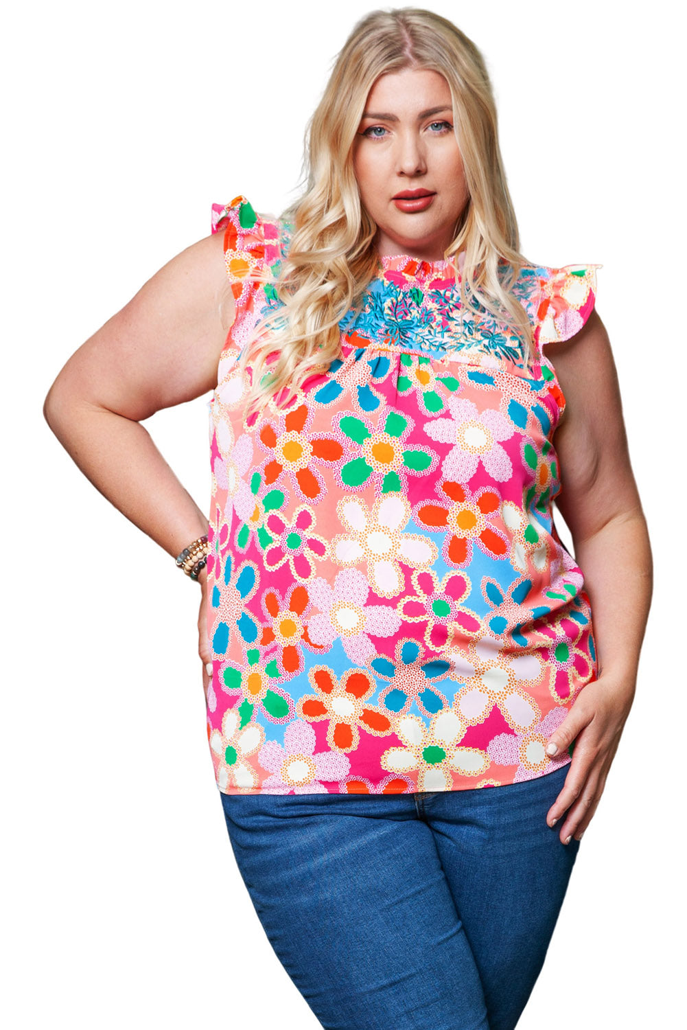 Chic multicolor floral embroidered flutter sleeve tank for plus sizes