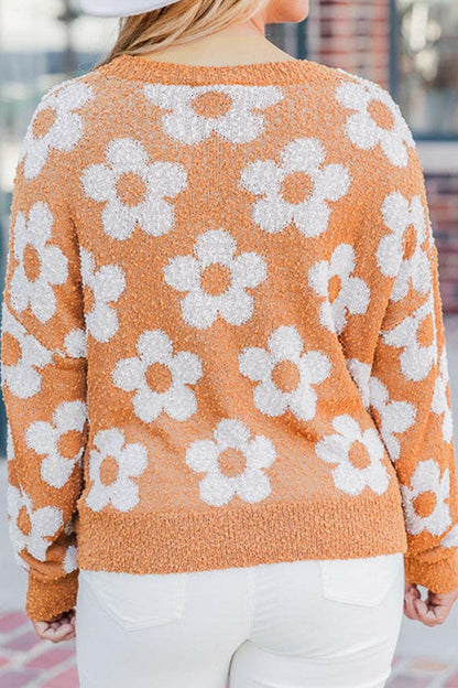 Flower Round Neck Dropped Shoulder Sweater.