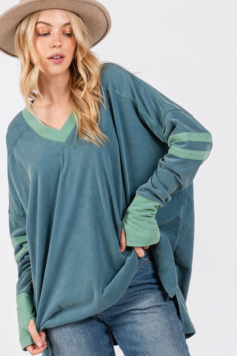 SAGE + FIG Mineral Wash Side Slit Contrast Top.