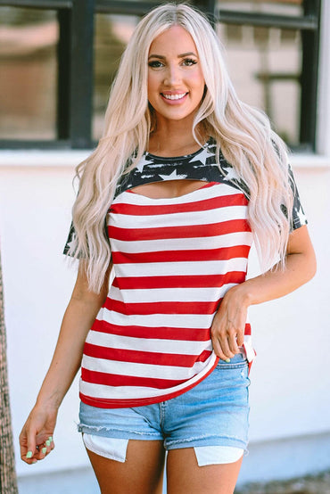 Cutout Striped Round Neck Short Sleeve T-Shirt.