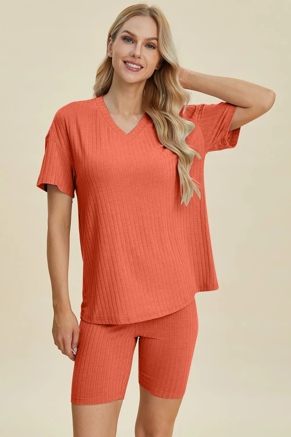Basic Bae Full Size Ribbed V-Neck Short Sleeve Top and Shorts Set - Love Salve