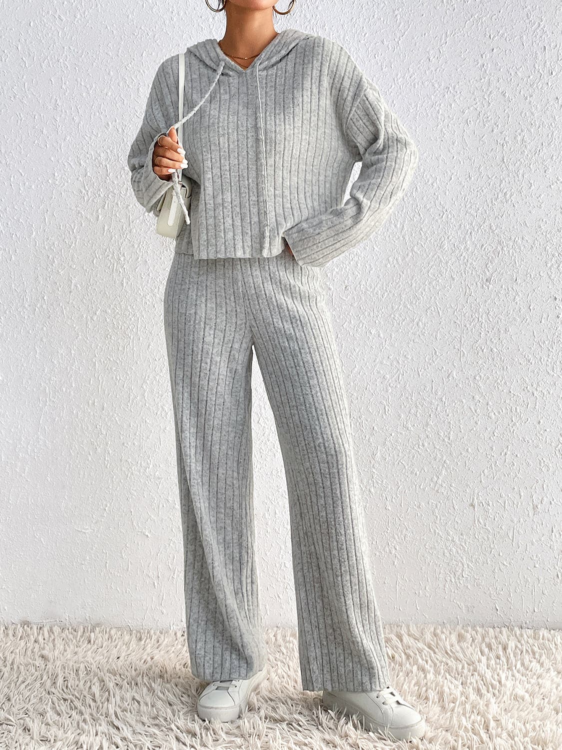 Drawstring Ribbed Hoodie and Straight Leg Pants Set.