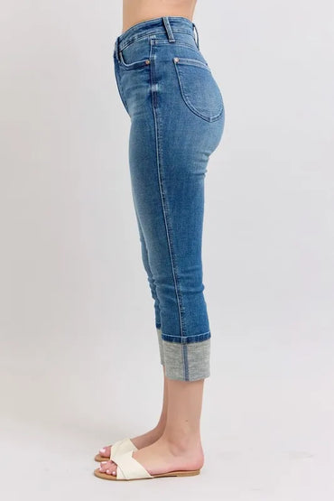 Judy Blue Plus Size Skinny Cuff Capris Jeans with Pockets - Love Salve 