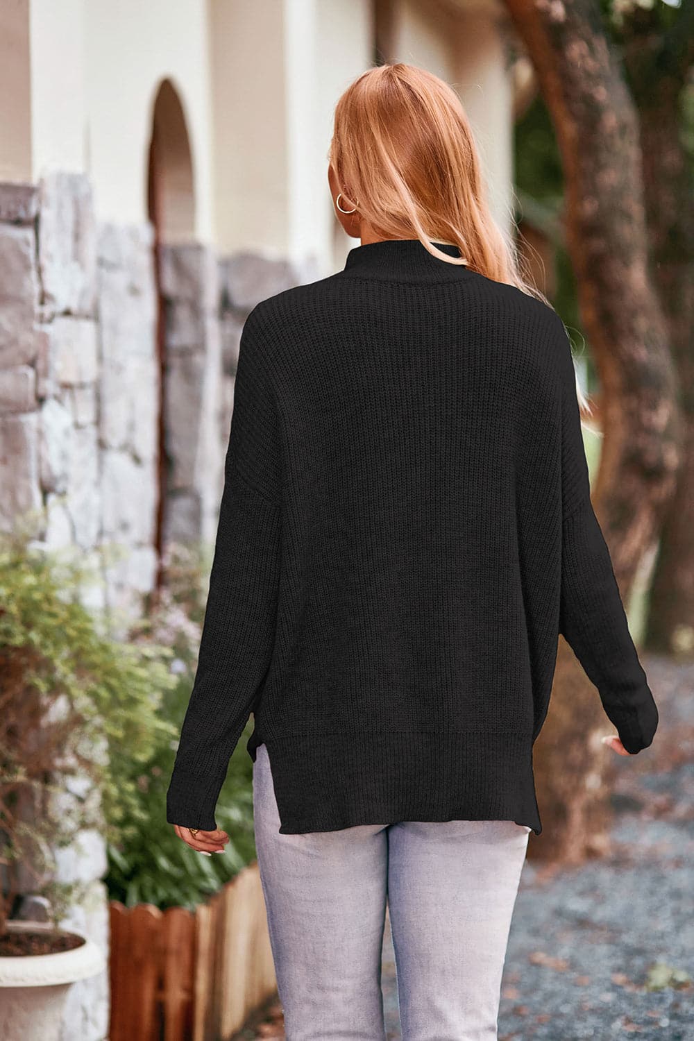 Mock Neck Rib-Knit Sweater.