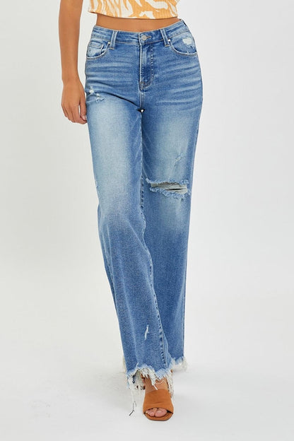 Risen Full Size High Rise Frayed Hem Wide Leg Jeans.