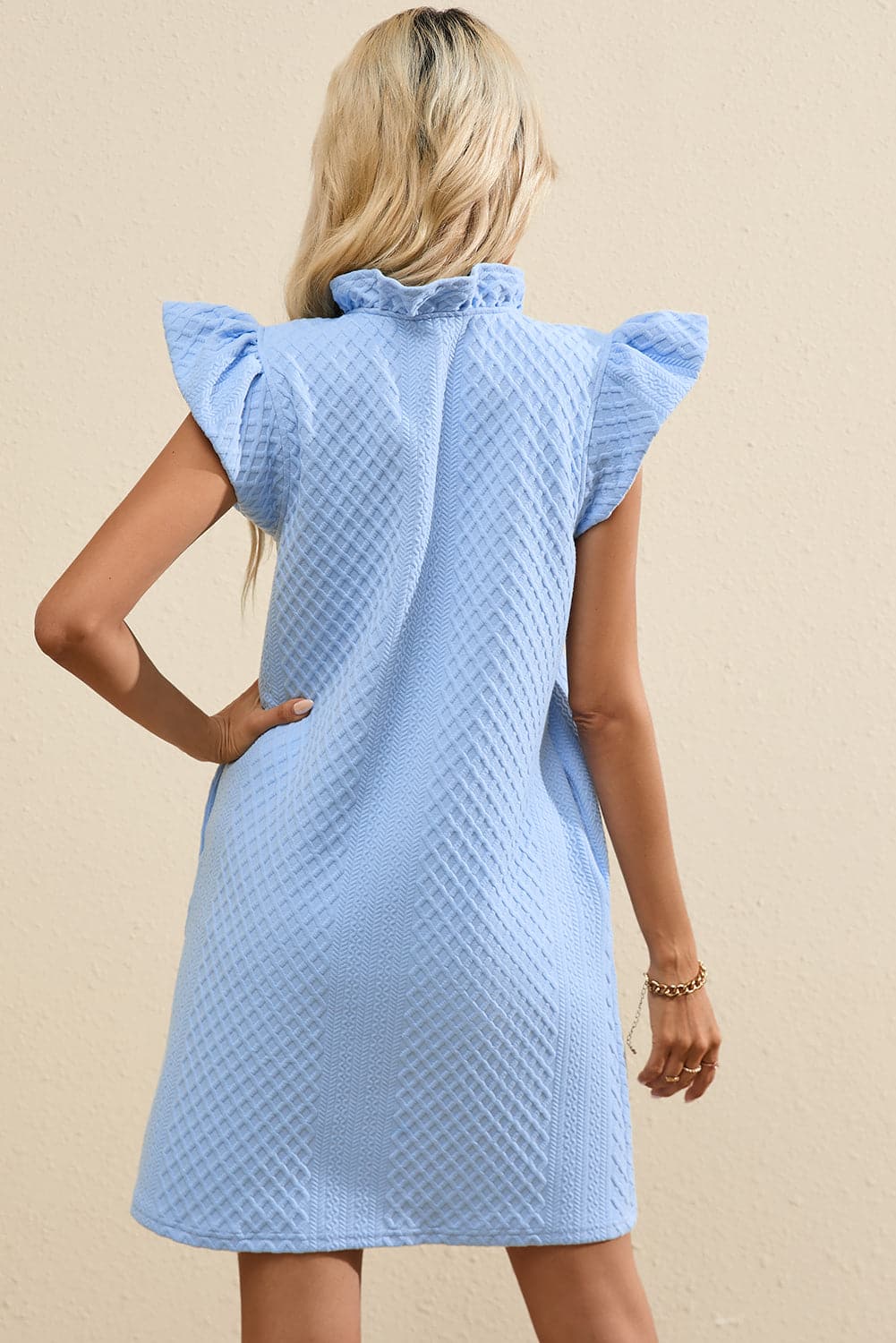 Ruffled V-Neck Cap Sleeve Mini Dress.