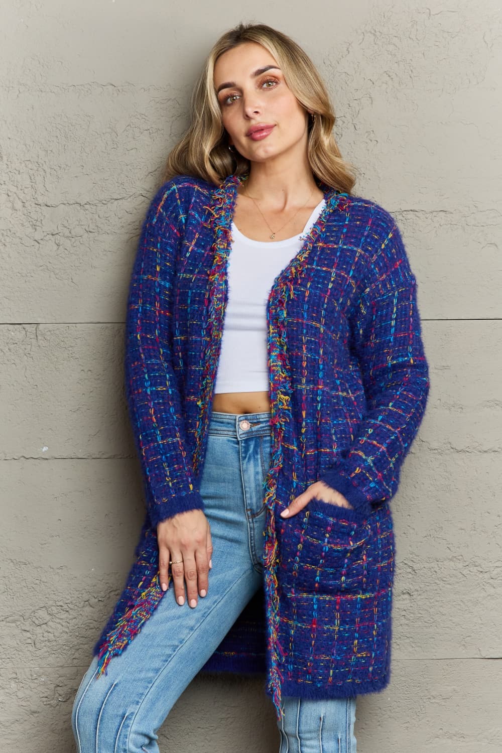 Plaid Fringe Trim Open Front Longline Cardigan.