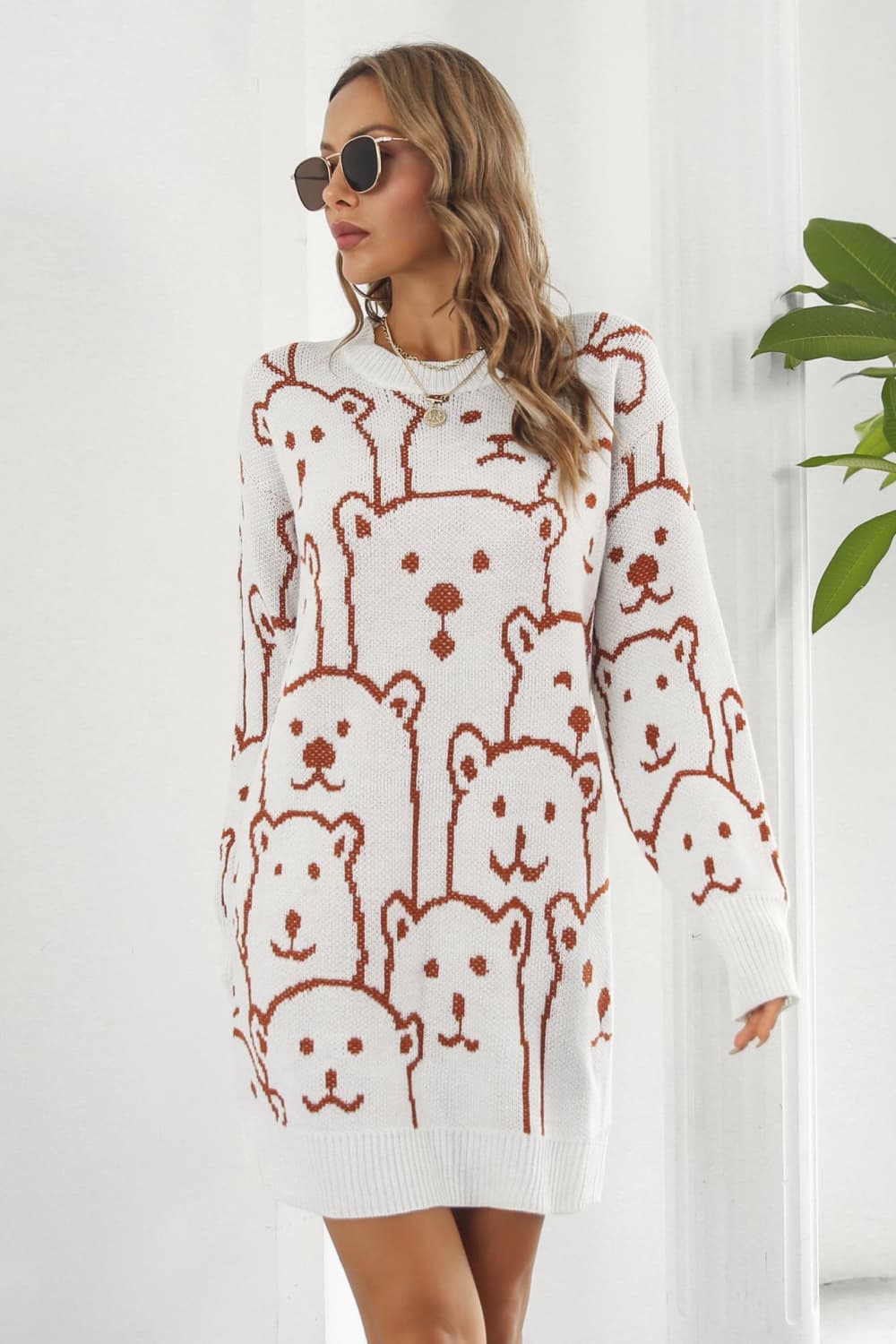 Bear Pattern Round Neck Sweater Dress.