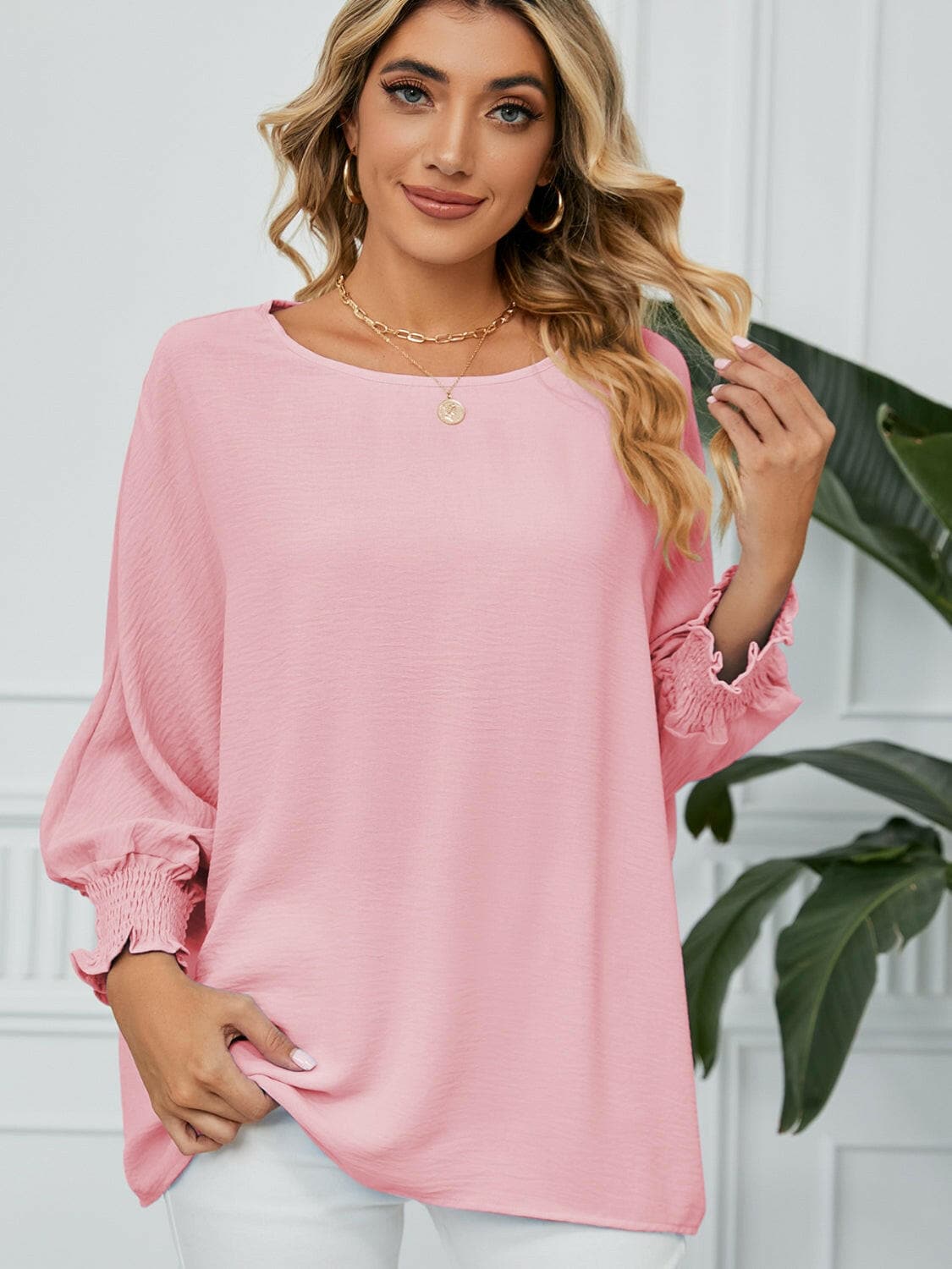 Smocked Lantern Sleeve Round Neck Blouse.