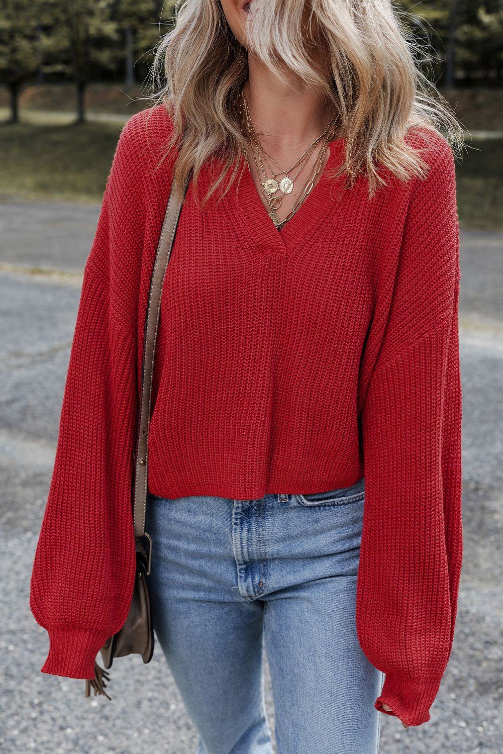 Premium Racing Red Solid Textured Knit V Neck Drop Shoulder Sweater Dear-Lover Dropshipping