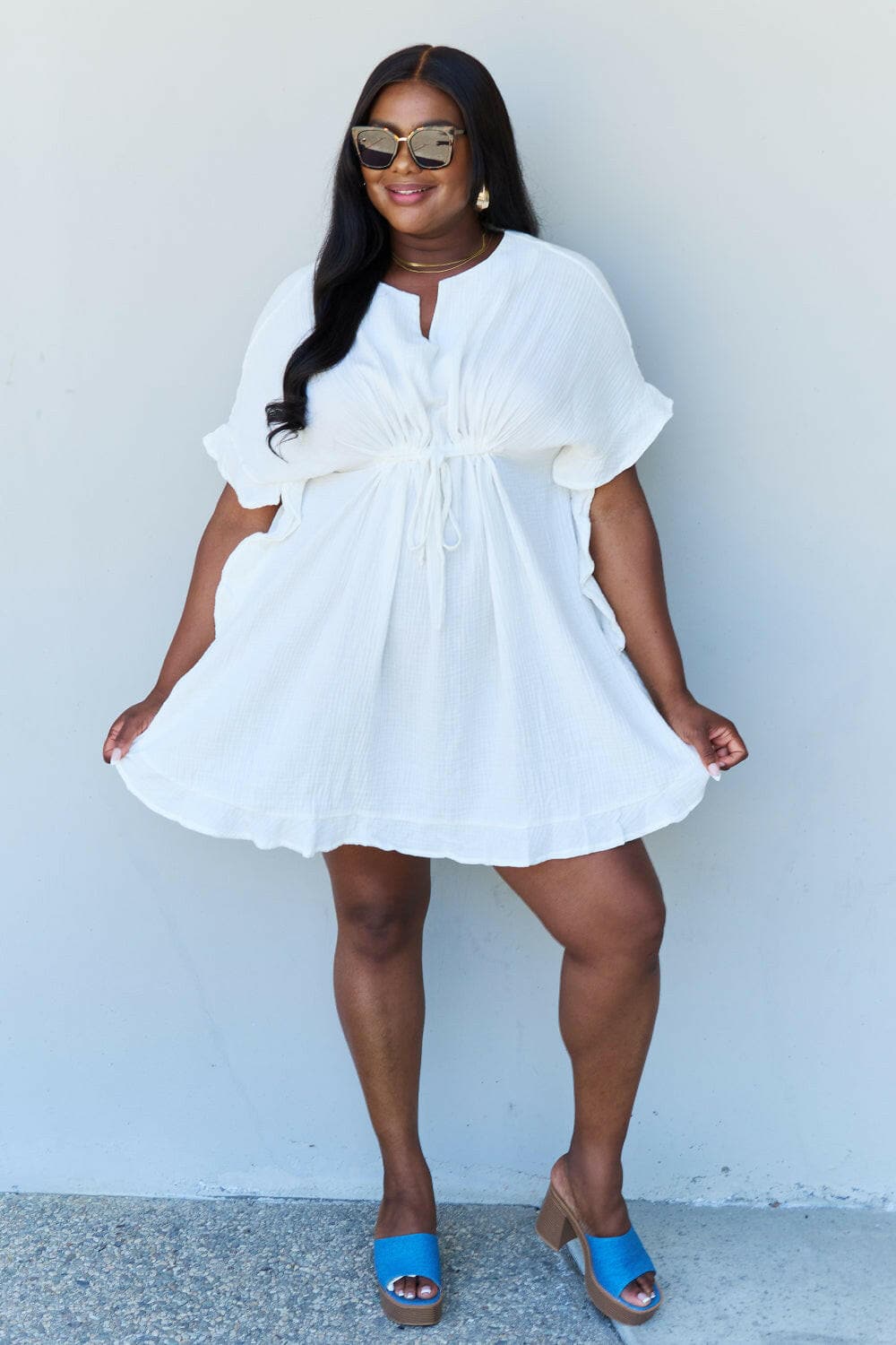 Ninexis Out Of Time Full Size Ruffle Hem Dress with Drawstring WaistbaNinexis Out Of Time Full Size Ruffle Hem Dress with Drawstring Waistband in White
 Step into timeless elegance with the Ninexis Out Of Time Full Size Ruffle Hem DresLove Salve Time Full Size Ruffle Hem DressTIKTOK