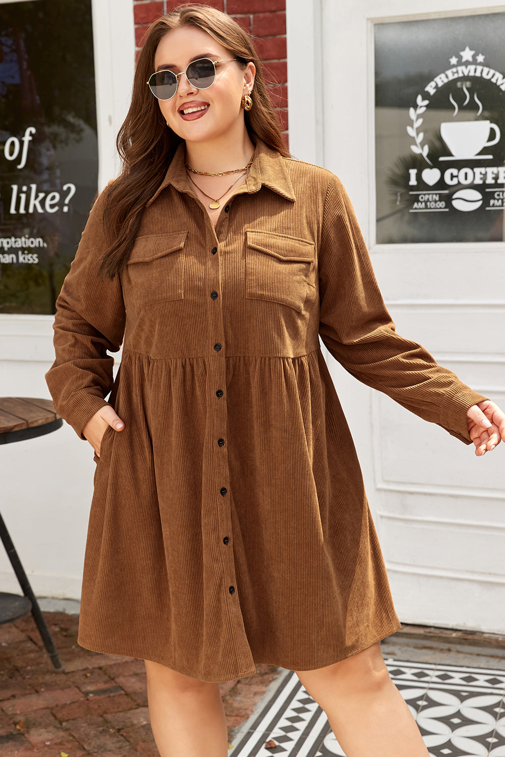 Camel Corduroy Button Down Shirt Style Plus Size Dress Dear-Lover Dropshipping