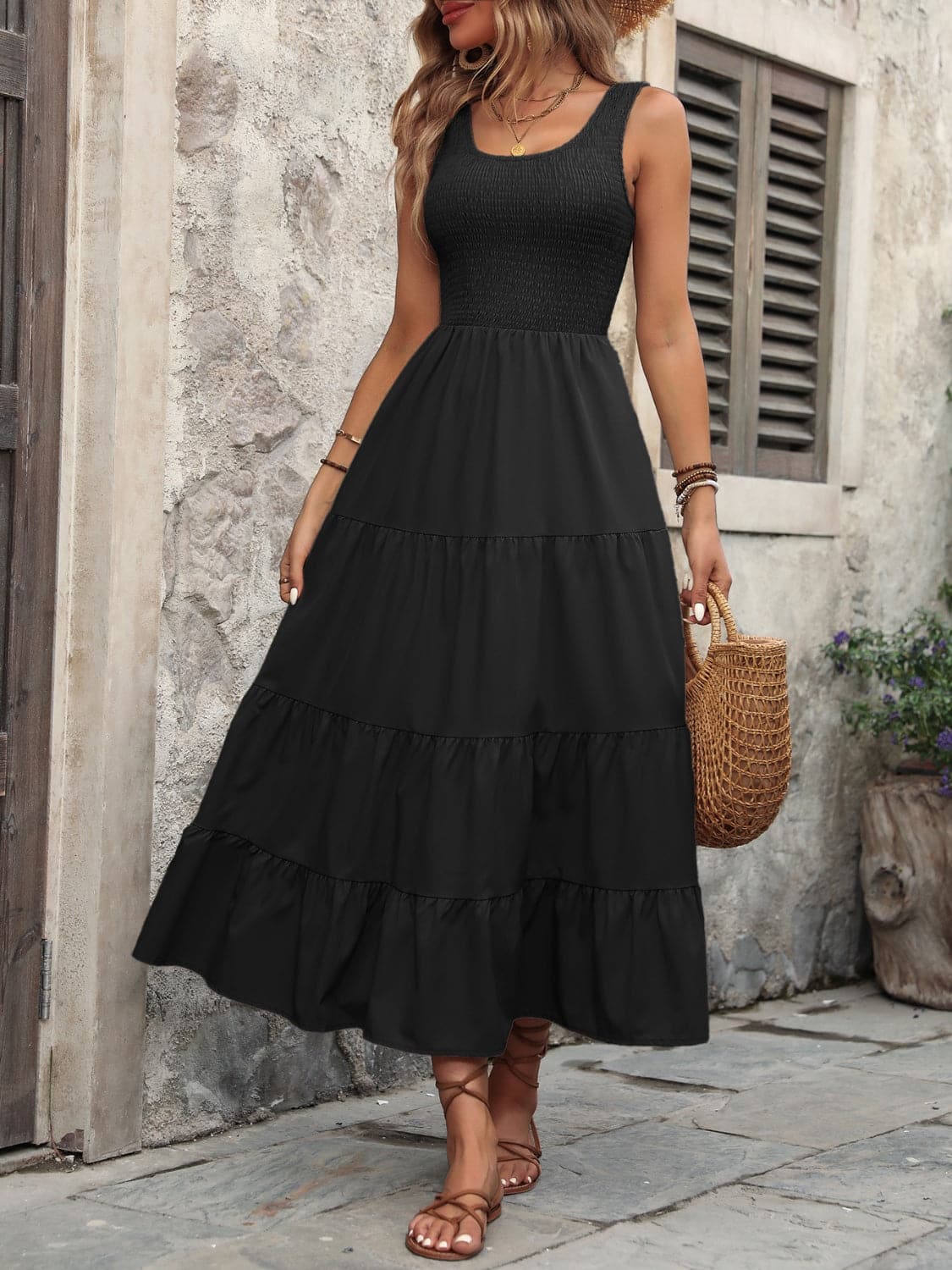 Smocked Scoop Neck Sleeveless Tank Dress.