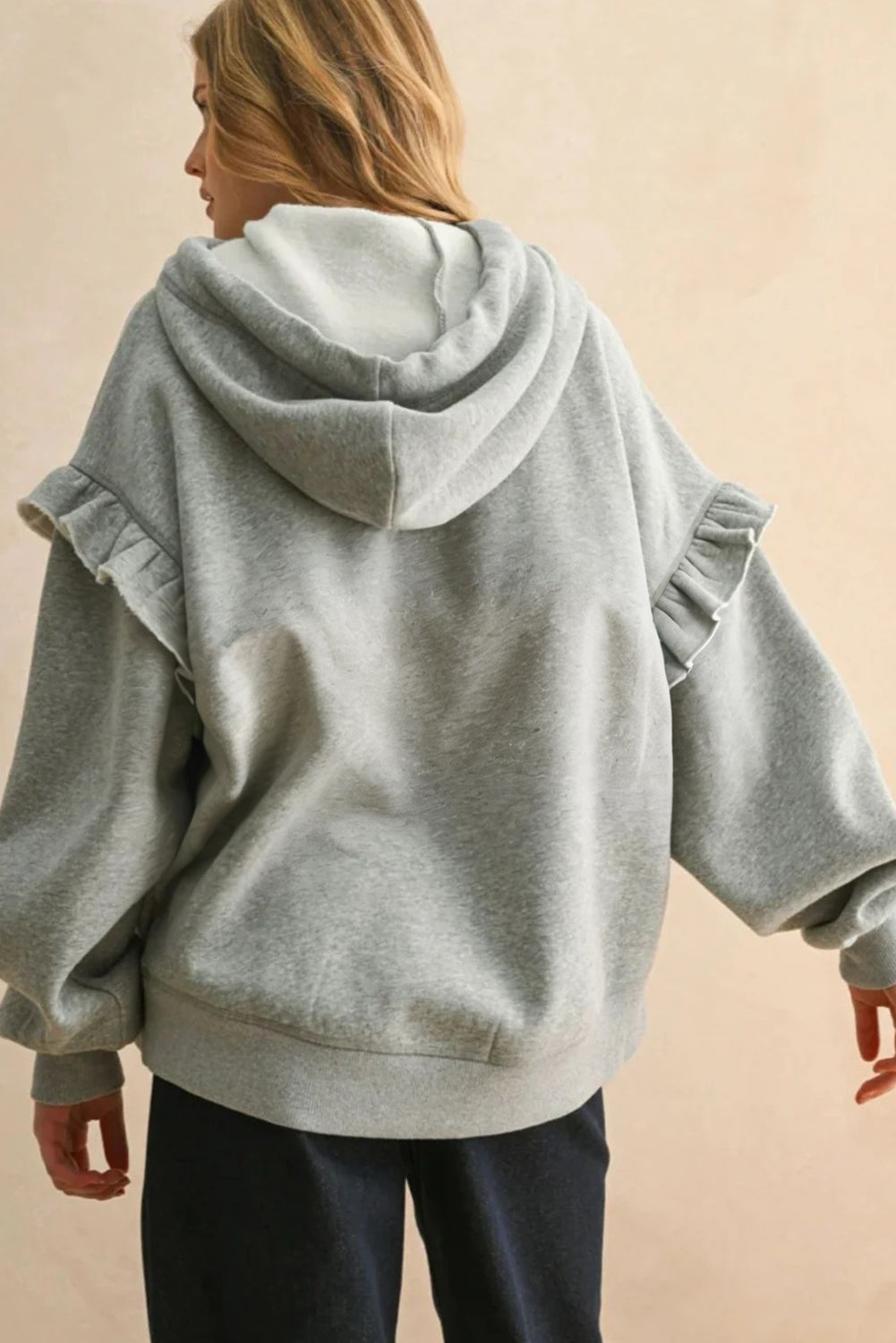 Gray Contrast Rope Drawstring Baggy Hoodie With Ruffle Trim Drop Shoulder Dear-Lover Dropshipping