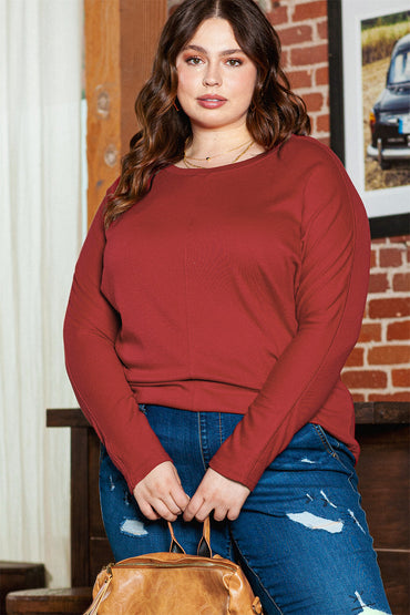 Sophisticated red dahlia long sleeve top with piping detail for plus sizes