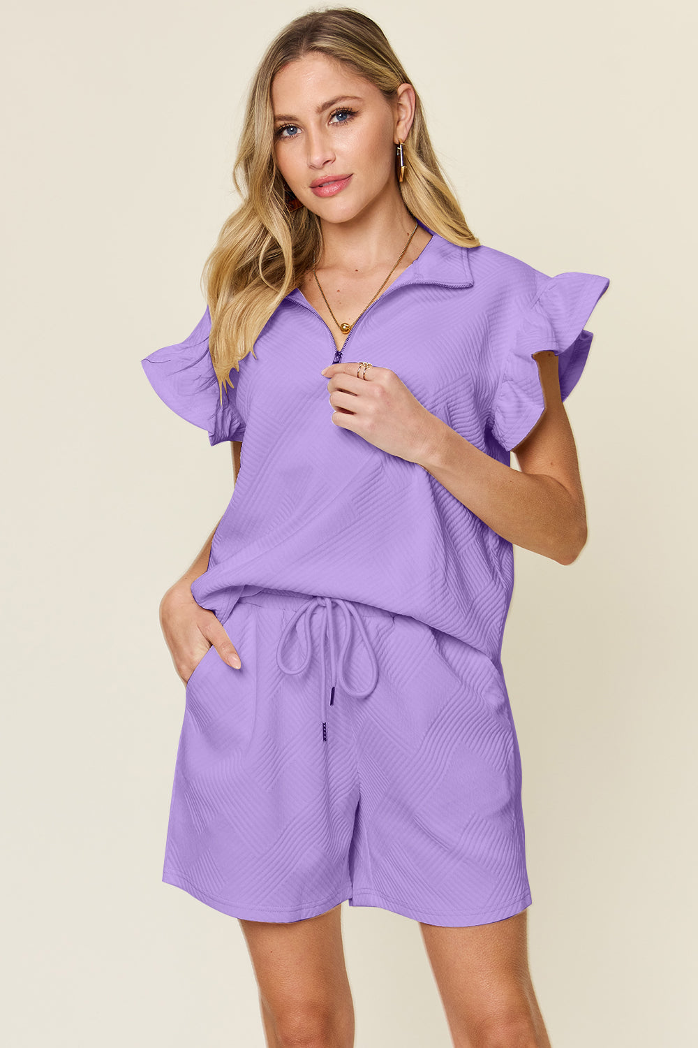 Double Take Full Size Texture Flounce Sleeve Top and Drawstring Shorts Set - Love Salve