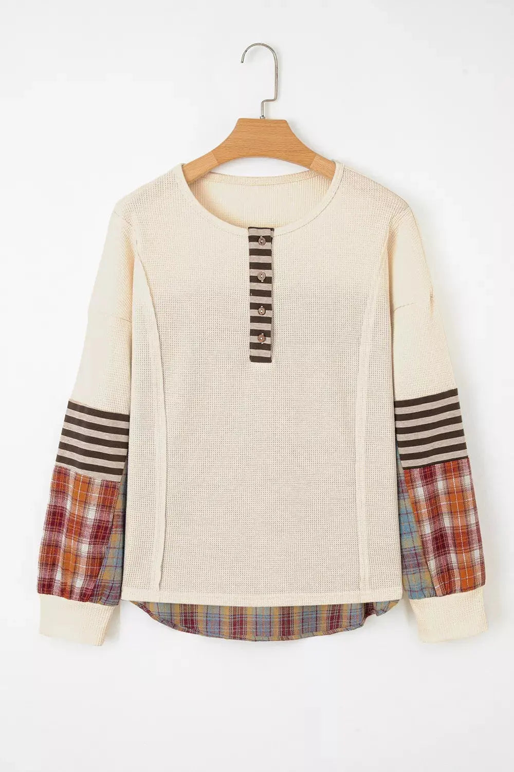 Waffle Knit Plaid Patchwork Long Sleeve Blouse Simply Love