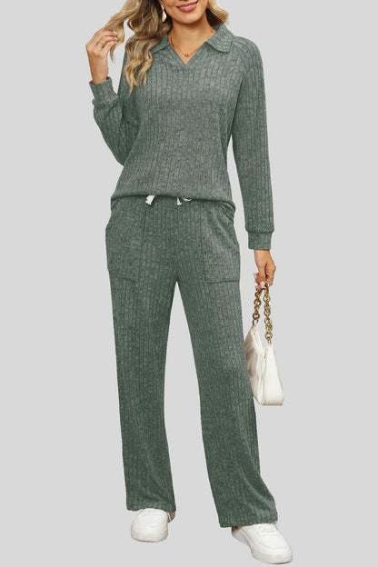 Ribbed Long Sleeve Top and Pocketed Pants Set.