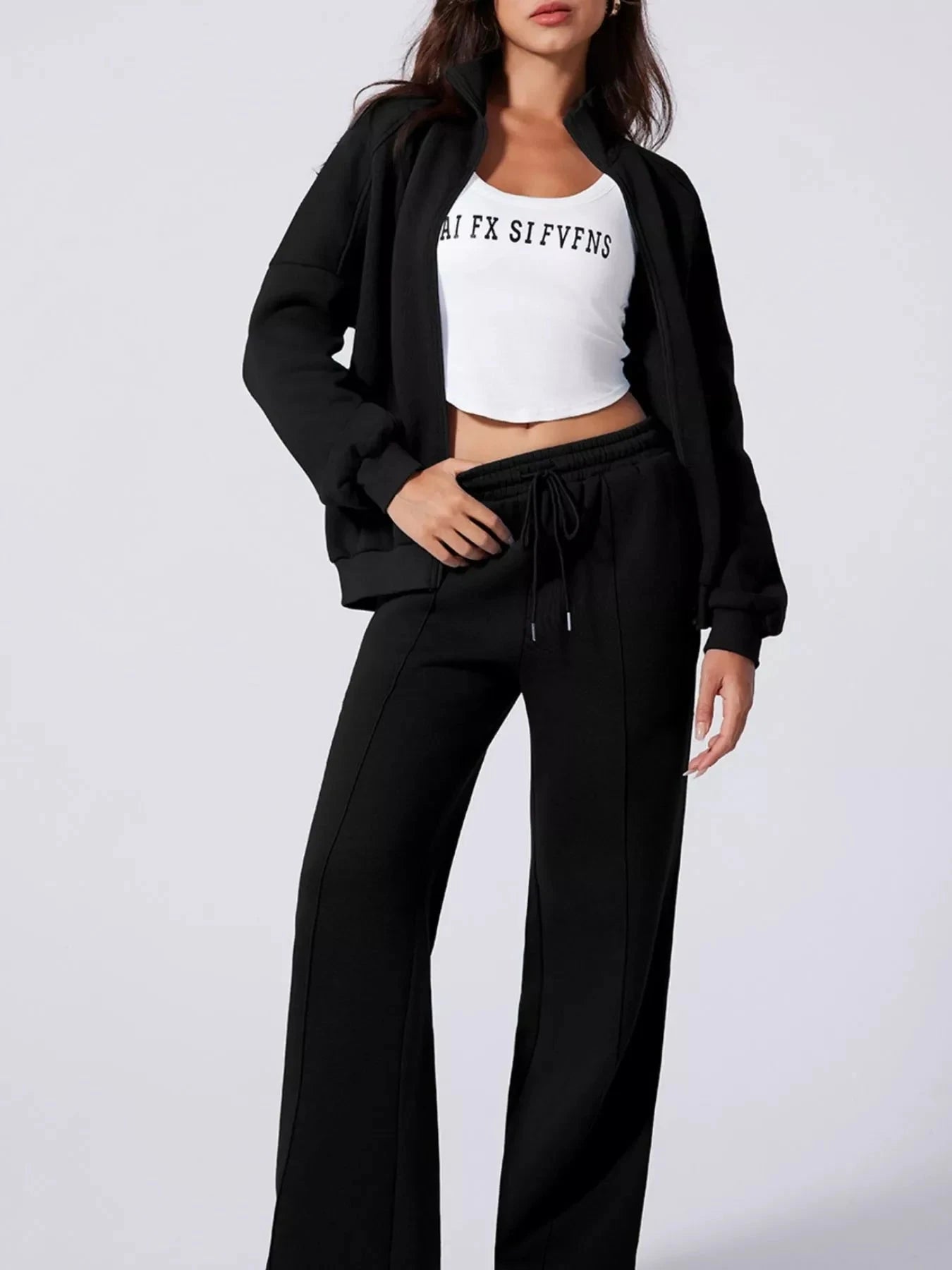 Drop Shoulder Zip Up Jacket and Drawstring Pants Active 2pcs Set Coco’s Tee Boutique
