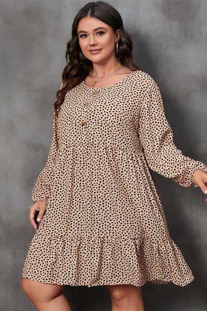 Brown Leopard Spotted Print Tiered Long Sleeve Plus Size Dress