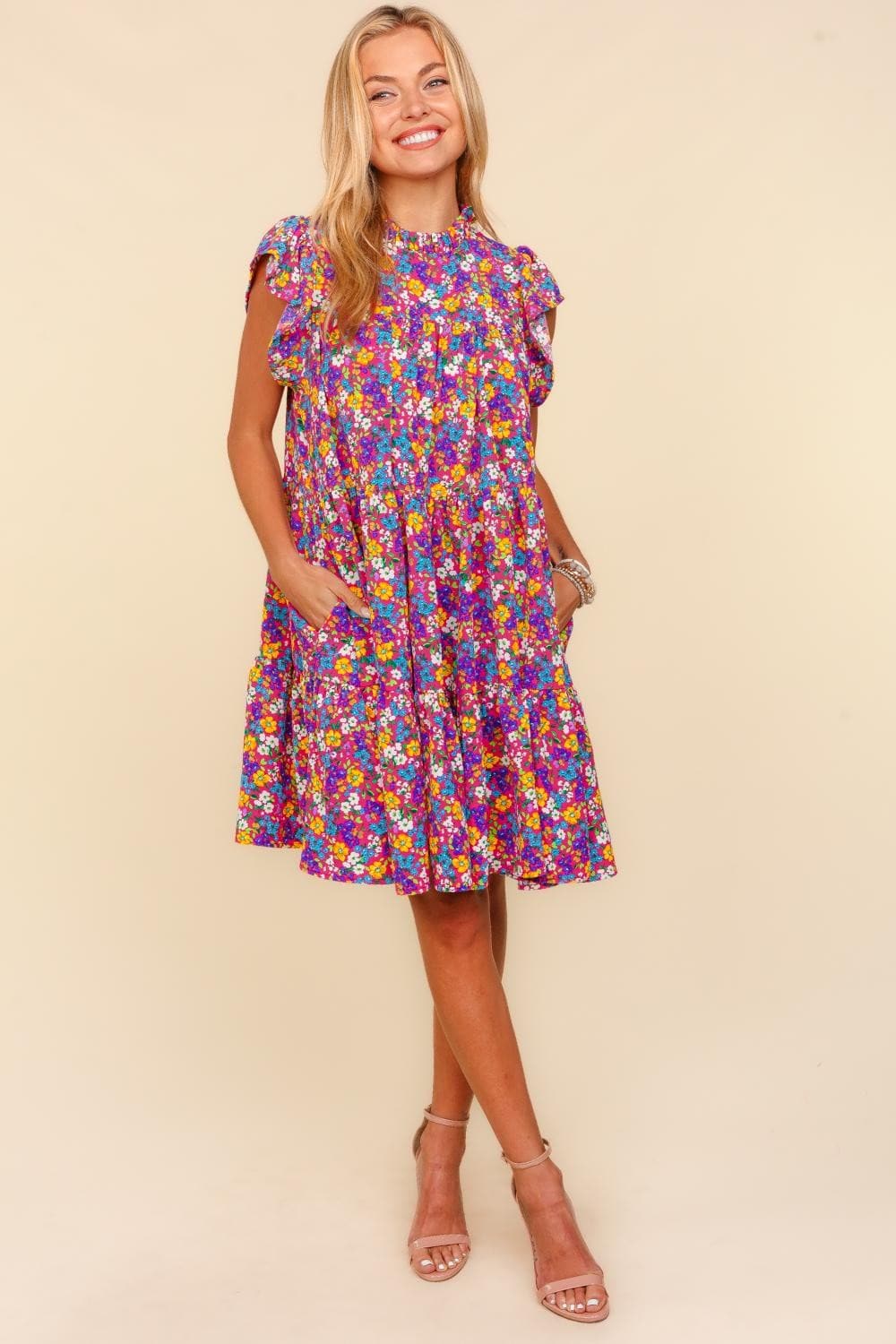 Haptics Frilled Mock Neck Ditsy Floral Dress.