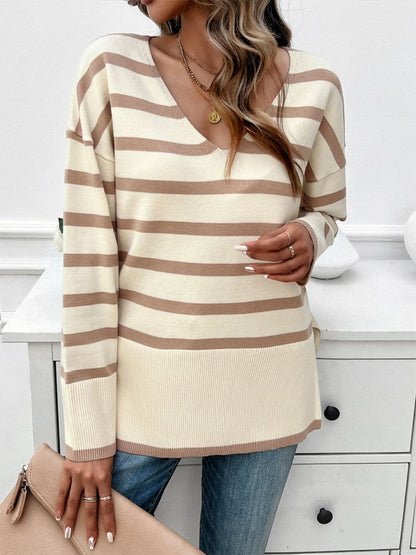 Striped V-Neck Long Sleeve Knit Top.