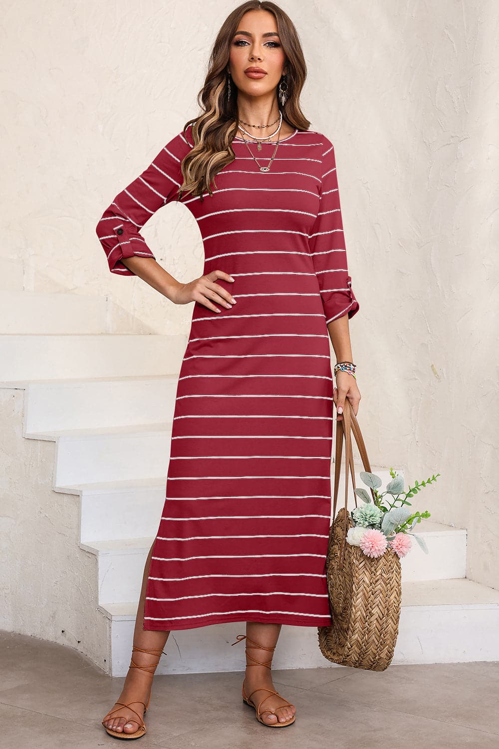 Slit Striped Round Neck Midi Dress.