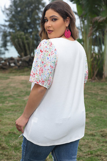 Chic floral puff sleeve plus size ribbed knit blouse in white