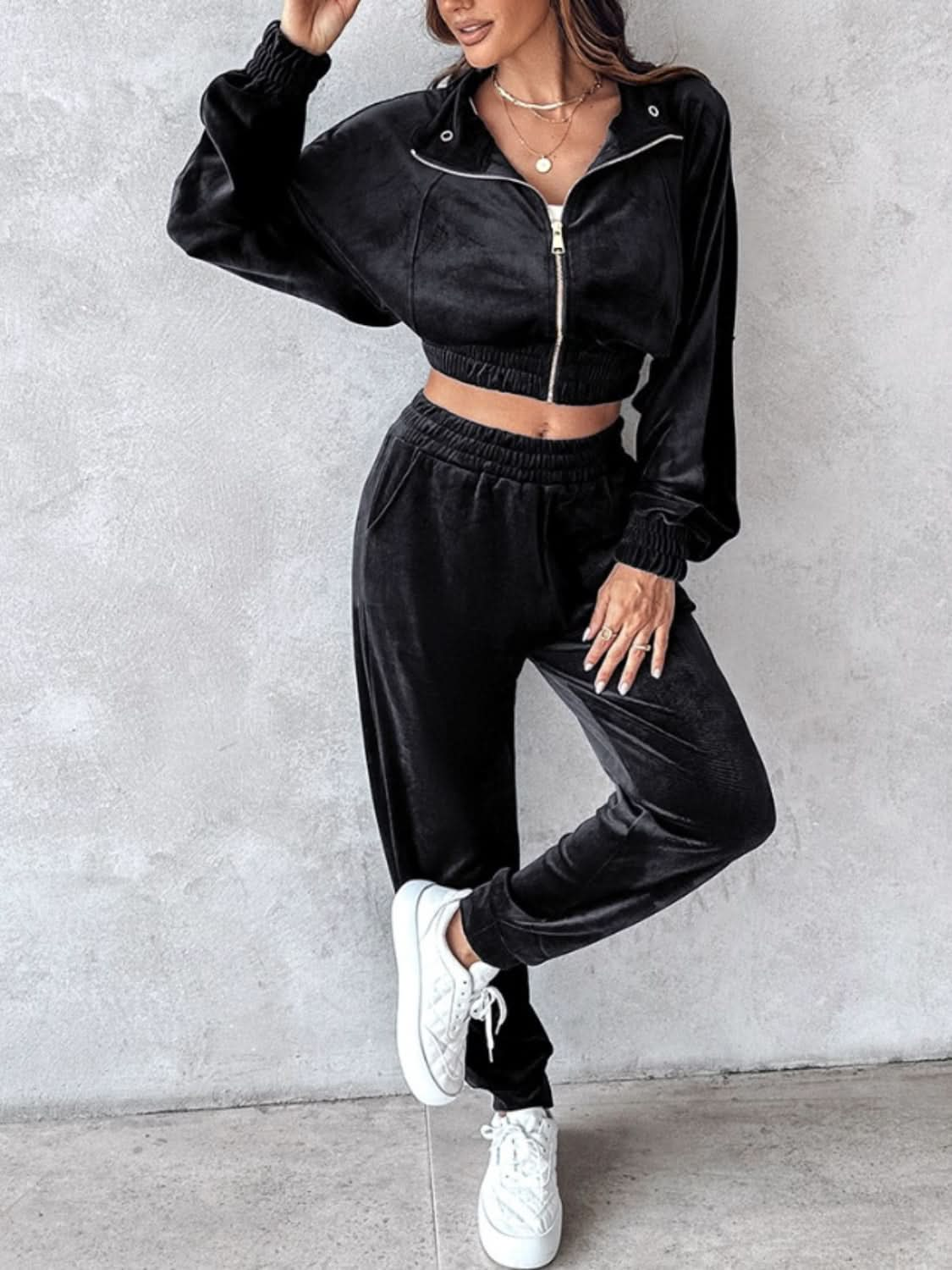 Cropped Zip-Up Long Sleeve Top and Jogger Set with Pockets