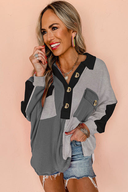 Gray colorblock oversized sweatshirt with collared neckline and button detail