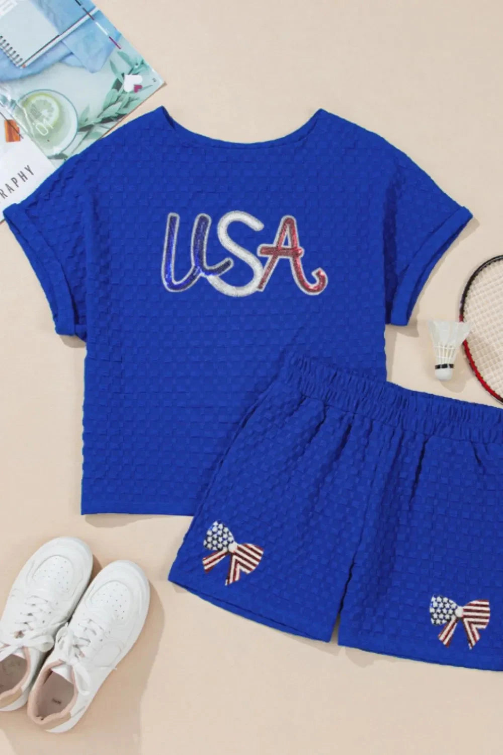 Textured Sequined USA Top and Bowknot Shorts Set Simply Love