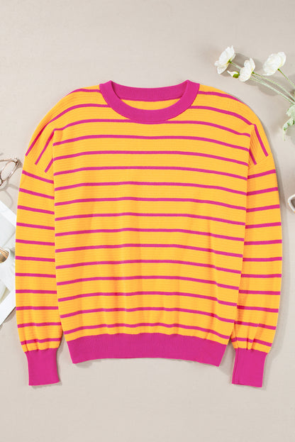 Casual orange striped sweater with rose red accents, relaxed fit, and drop shoulder design.