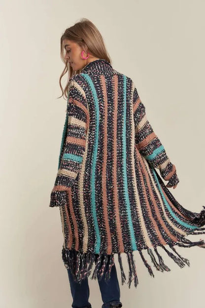 ADORA Multi Colour Sweater Long Cardigan with Fringes - Love Salve 